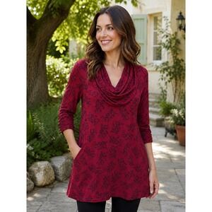 Effies Heart Burgundy Pomegranate Print Cowl Neck Tunic Top with Pockets Large